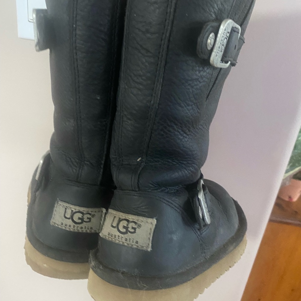 UGG Kids Black Leather Boots - Picture 2 of 4